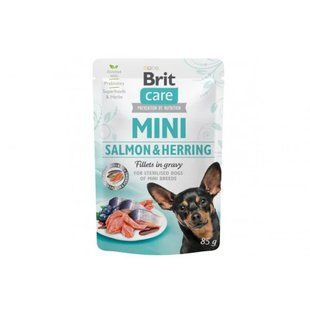 Вологий корм для стерилізованих собак малих порід Brit Care Mini pouch філе лосося з оселедцем у соусі 85 г 100914/100219/4449/12 фото