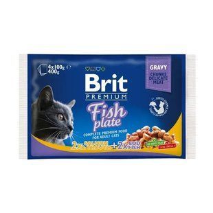 Корм вологий Brit Premium Cat Fish Plate pouches набір паучів для котів рибна тарілка з тріскою, лососем та фореллю 100 г х 4 шт. 100276 /506248 фото